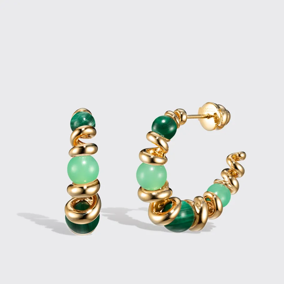 chrysoprase__malachite_ye_0.webp CHRYSOPRASE & MALACHITE YELLOW GOLD GUMBALL SLINKEE EARRINGS>Boochier Hot