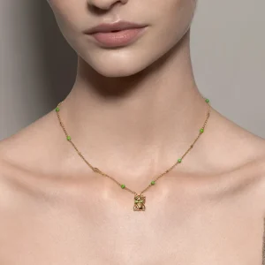 GREEN TURQUOISE YELLOW GOLD LUCKY CAT DIAMOND NECKLACE>Boochier Hot