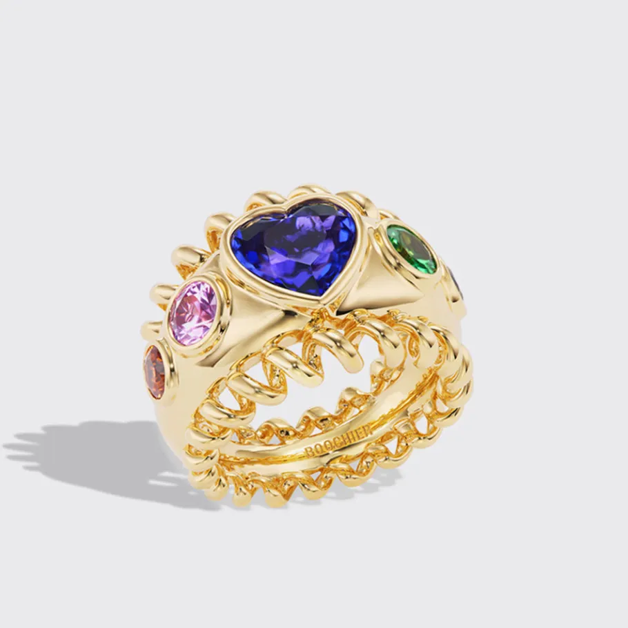 jumbo_tanzanite_rainbow_s_0.webp JUMBO TANZANITE, RAINBOW SAPPHIRES & TSAVORITE HEART SLINKEE ICON RING>Boochier Discount