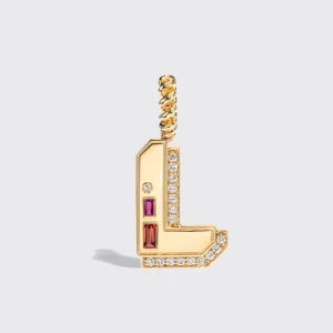 JUMBO YELLOW GOLD DIAMOND LETTER & NUMBER PENDANT [orange & pink sapphires]>Boochier Best