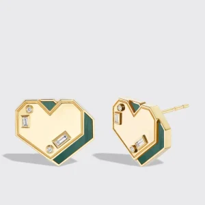 MALACHITE YELLOW GOLD HEART STUDS>Boochier Online