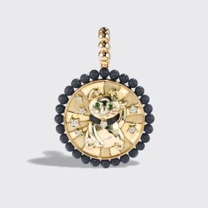 ONYX YELLOW GOLD LUCKY CAT DIAMOND CHARM>Boochier Hot