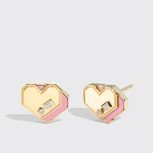 PINK OPAL YELLOW GOLD MINI HEART STUDS>Boochier Discount