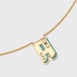 TURQUOISE YELLOW GOLD LETTER NECKLACE>Boochier New