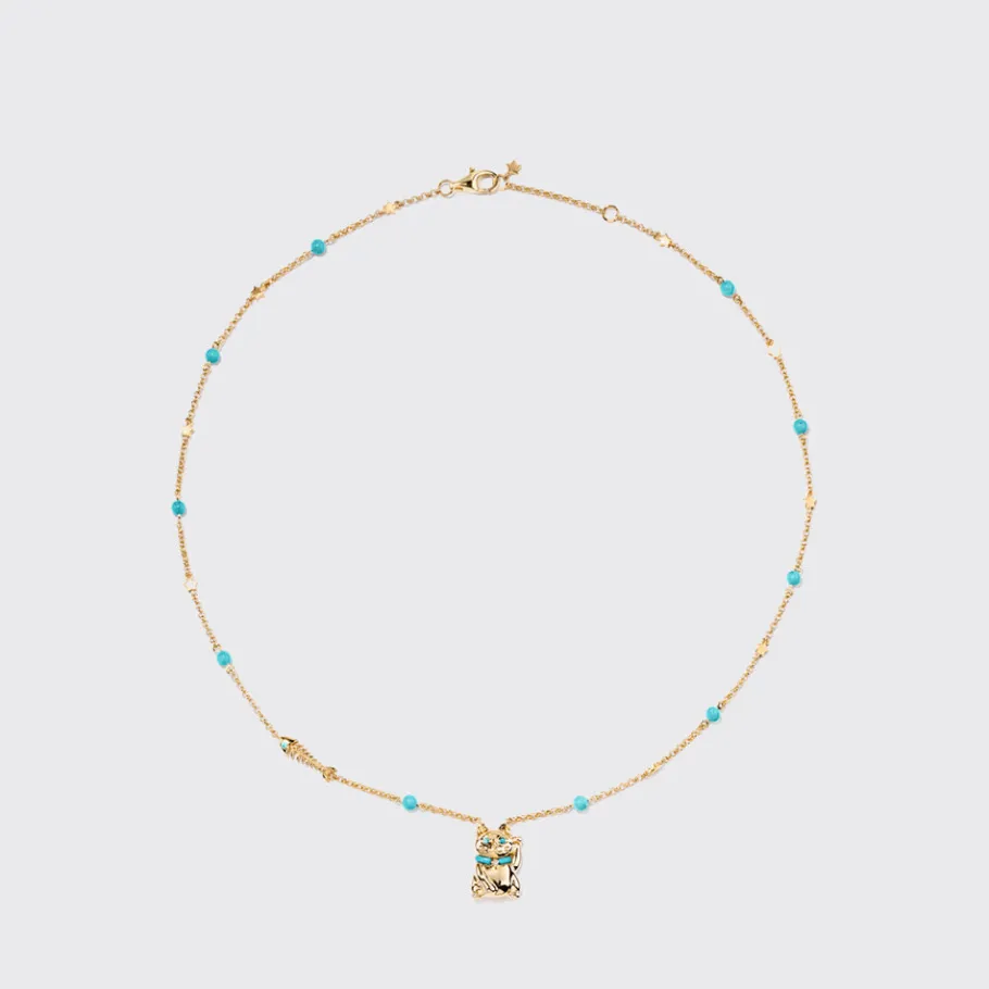 turquoise_yellow_gold_luc_0.webp TURQUOISE YELLOW GOLD LUCKY CAT DIAMOND NECKLACE>Boochier Hot