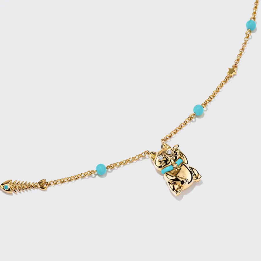 turquoise_yellow_gold_luc_1.webp TURQUOISE YELLOW GOLD LUCKY CAT DIAMOND NECKLACE>Boochier Hot