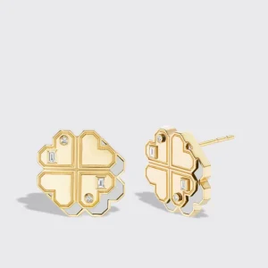 WHITE MOTHER OF PEARL YELLOW GOLD CLOVER LEAF STUDS>Boochier Online