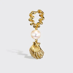 WHITE PEARL YELLOW GOLD BEACHING SHELL DROP DIAMOND HUGGIE EARRINGS>Boochier Discount