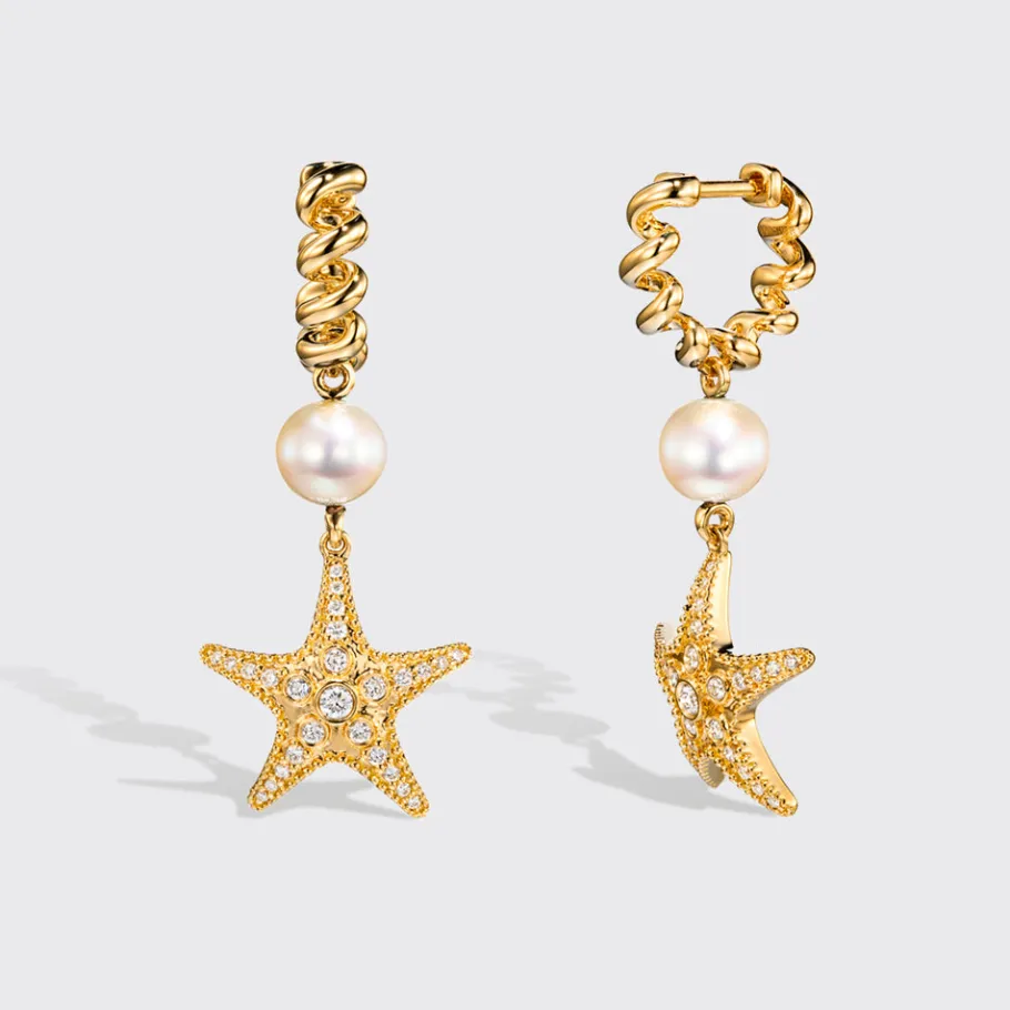 white_pearl_yellow_gold_d_0.webp WHITE PEARL YELLOW GOLD DIAMOND BEACHING STARFISH DROP HUGGIE EARRINGS>Boochier Best