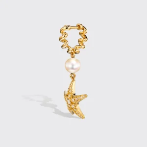 WHITE PEARL YELLOW GOLD DIAMOND BEACHING STARFISH DROP HUGGIE EARRINGS>Boochier Best