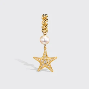 WHITE PEARL YELLOW GOLD DIAMOND BEACHING STARFISH DROP HUGGIE EARRINGS>Boochier Best