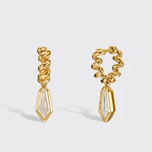 YELLOW GOLD SHIELD DIAMOND SLINKEE DROPS HUGGIE EARRINGS>Boochier Discount